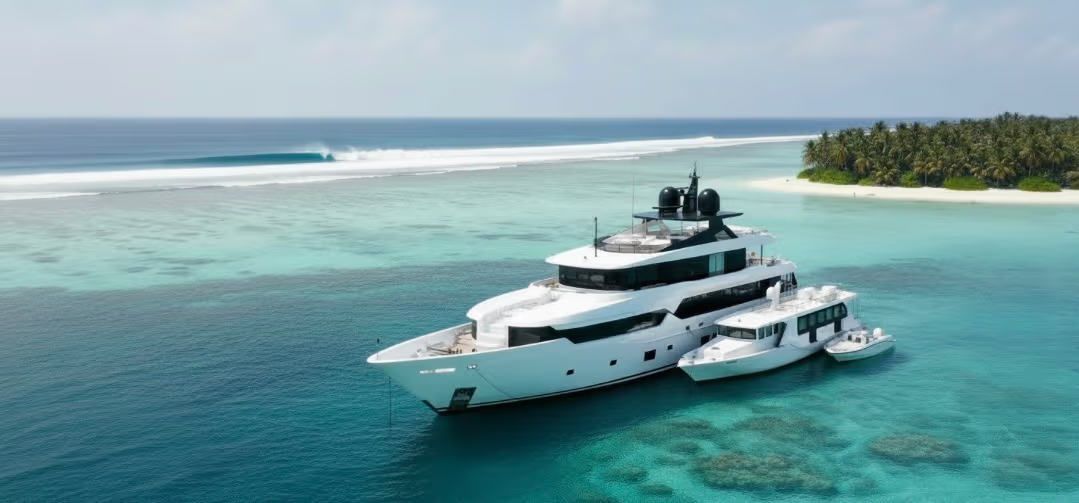 Luxury motor yacht cruising the atolls of the Maldives on a private day charter
